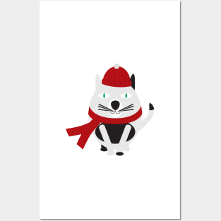 Cartoon Cat with Red Hat and Scarf Posters and Art